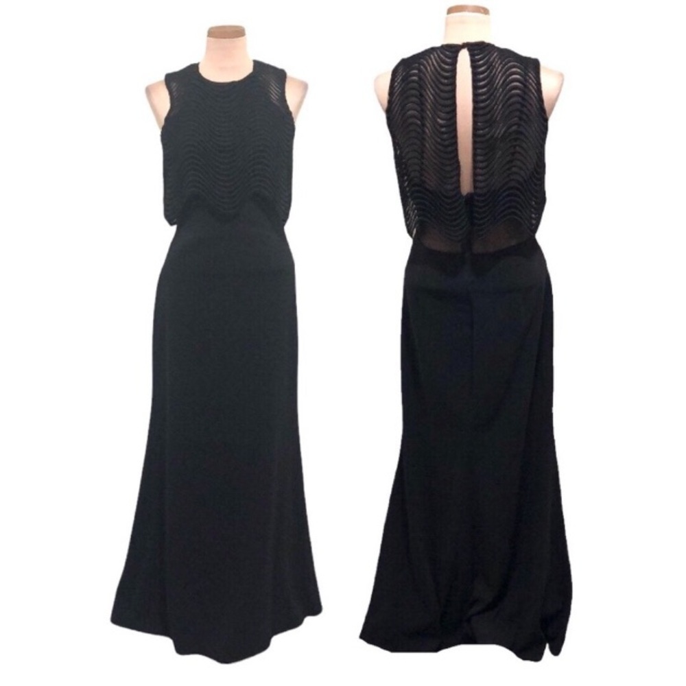 Badgley Mischka Jennifer Wave Lace Maxi Dress Size 4 Black Gown